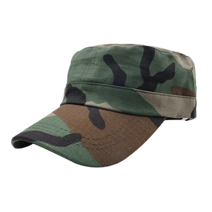 Detail of ripstop camouflage flat top army cap showing breathable metal eyelets