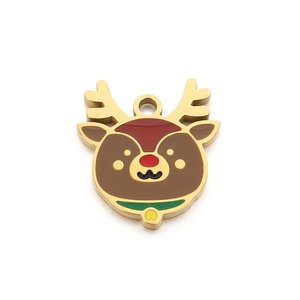 Golden stainless steel Christmas reindeer charm with colorful enamel inlay and hanging loop