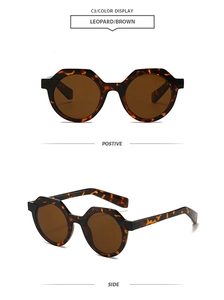 Front and side views of leopard print round sunglasses with brown lenses in retro style