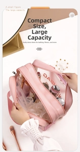 Pink PU leather travel makeup bag with large capacity for toiletries and skin care
