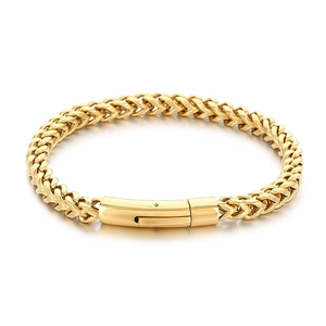 Classic golden stainless steel Franco link bracelet with a secure plug-in clasp closure