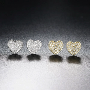 Hip hop heart stud earrings for men and women with micro-paved zircons in gold and silver