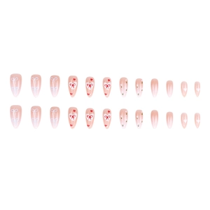 24-piece almond press-on nails set with pink floral patterns and bow designs