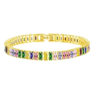 Detailed close-up of S925 clasp and vibrant multicolor rectangular zircon tennis bracelet