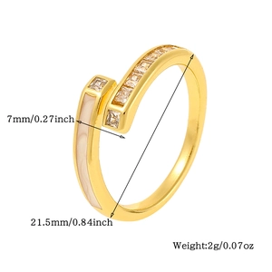 Detail view of gold adjustable ring featuring square zircon and white shell with dimensions