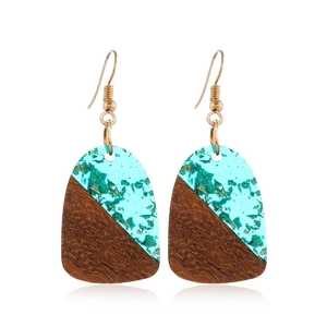 Vintage geometric resin and wood earrings with gold foil accents and metal hooks