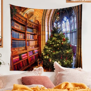 Detailed print of vintage library Christmas scene on decorative wall tapestry
