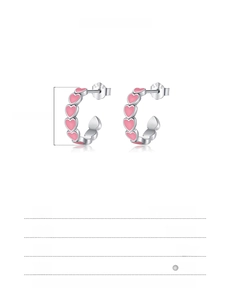 S925 sterling silver hoop earrings with pink hearts and detailed size specifications