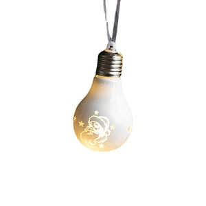 LED Christmas light bulb ornament with Santa and star pattern on white background
