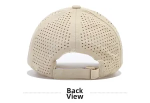 Detail view of quick-dry baseball cap featuring laser-cut ventilation holes and adjustable strap