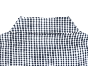 Detailed close-up of the blue and white plaid shirt collar with premium fabric texture