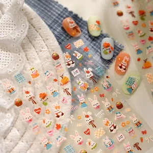 Rabbit Embossed Nail Art Stickers Embroidery Style Autumn Pumpkin Cute Manicure Decals Self Adhesive