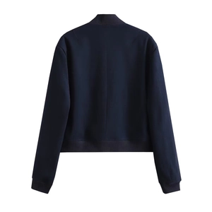 Back view of navy blue jacket featuring high-quality fabric and ribbed knit trim detail
