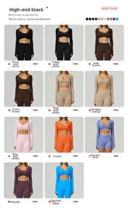 Detail of seamless ribbed yoga crop top and leggings shown in various vibrant colors