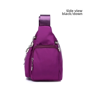 Side view of purple waterproof Oxford fabric bag showing multi-layered pockets and zipper
