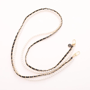 Elegant pearl and black leather golden chain strap for phone cases or handbags