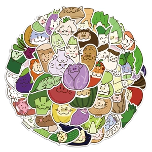 Macro detail of waterproof cartoon vegetable cat stickers with white border outlines