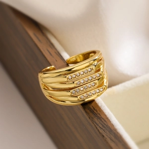 Adjustable gold plated multi-layer geometric ring with sparkling cubic zirconia stones