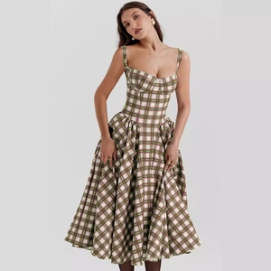 French style plaid summer dress with spaghetti straps and flared A-line silhouette