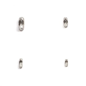 Macro view of four silver stainless steel ball chain connectors in various sizes