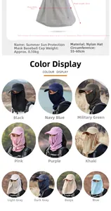 Detail view of a breathable sun protection hat with nylon face shield in multiple colors