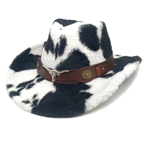 Western cow print cowboy hat with plush texture and bull head metal ornament