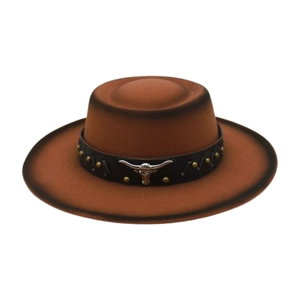 Tibetan style brown wool felt flat top hat with bull head ornament and metal studs