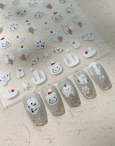 Detail of 3D embossed snowflake and snowman nail stickers on glitter manicured nails