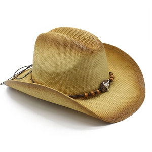 Western straw cowboy hat with brown gradient brim and bull head bead decoration