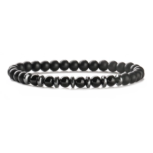 Elastic beaded bracelet featuring matte black onyx stones and glossy hematite accents