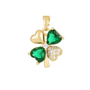 14K gold four-leaf clover pendant with green heart gemstones and micro-paved zircons