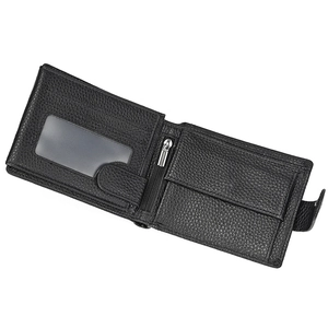 Detail view of leather wallet interior with card slots, zipper pocket and photo ID window