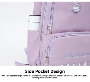 Detail view of purple water-resistant backpack showing side pocket with a water bottle