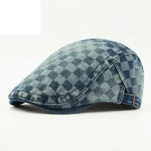 Retro checkered denim ivy cap for men and women with adjustable metal buckle on side