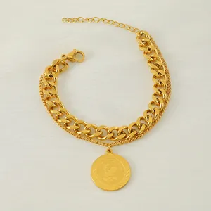 Stainless Steel Double Layer Bracelet With Elizabeth II Coin Pendant 18K Gold Plated Vintage Jewelry For Women