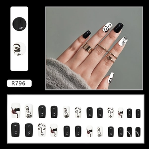 Abstract line art press-on nails in black and white minimalist portrait style 24pcs set