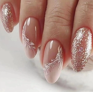 Press On Nails Almond Pink Gold Glitter White Floral Patterns Elegant False Nails Fashion Manicure For Women
