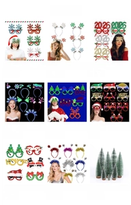 Collage of festive Christmas accessories like themed glasses, headbands, and mini trees.