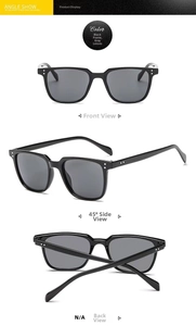 Three views of black square sunglasses showing front, side, and folded frames in detail