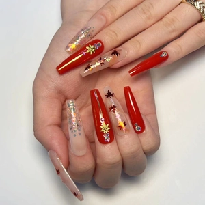 Coffin Extra Long Press On Nails Red Maple Leaf Rhinestone Sequins Autumn Style False Nails For Women