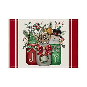 Linen Christmas placemat featuring JOY mason jars with Santa and snowman illustrations