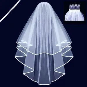Double Layer Bridal Veil With Satin Ribbon Edge Tulle Mesh Wedding Headpiece With Comb For Bachelorette Party White Elegant