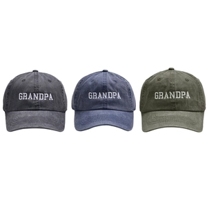 Vintage washed cotton baseball caps with GRANDPA embroidery in grey, blue, and green