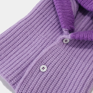 Purple knitted balaclava with warm ribbed texture and stylish decorative buttons