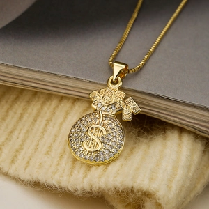 Gold money bag pendant necklace with zircon dollar sign and cash design detail