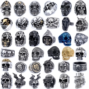 Vintage Punk Stainless Steel Skull Ring Men Biker Gothic Zirconia Inlaid Skeleton Finger Ring Motorcycle Jewelry Accessory