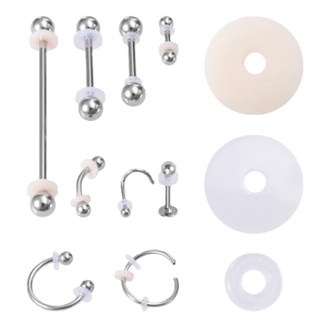 Surgical steel piercing jewelry set with silicone healing discs for piercing care