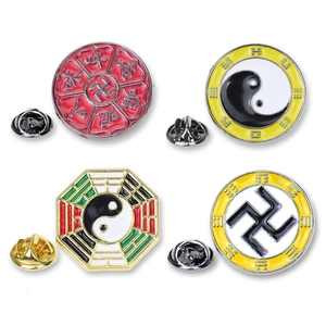 Traditional Yin Yang and Bagua enameled metal pin set with Taoist cultural symbols