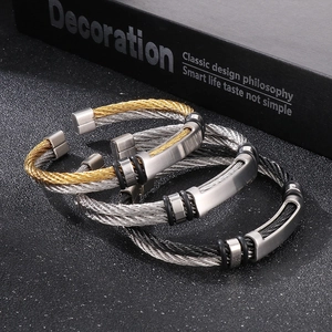 Three-piece stainless steel cable wire open bracelets in silver gold and black finishes
