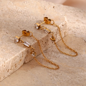 Detailed view of gold tassel earrings with clear geometric zircon and metal chains